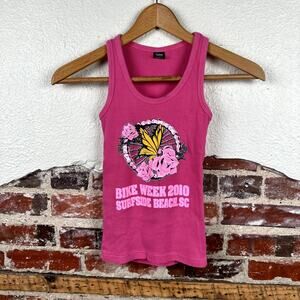 Vintage Bike Week Shirt Size Small Pink Tank Top Butterfly Roses Biker 2010 Y2K